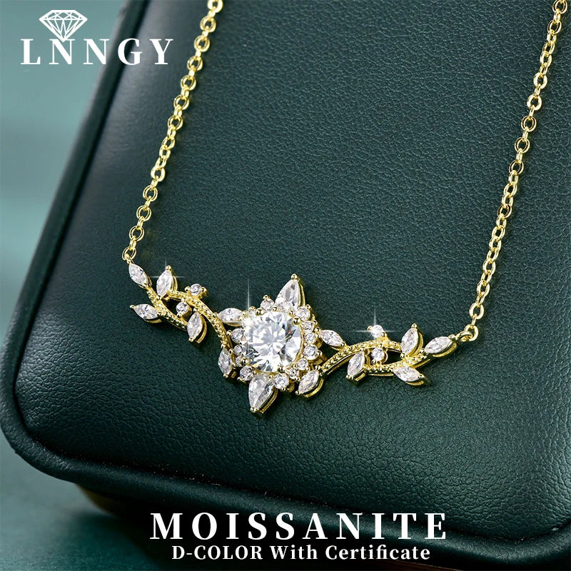 Collar Colgante de Moissanita Flor Hoja en Oro 14K